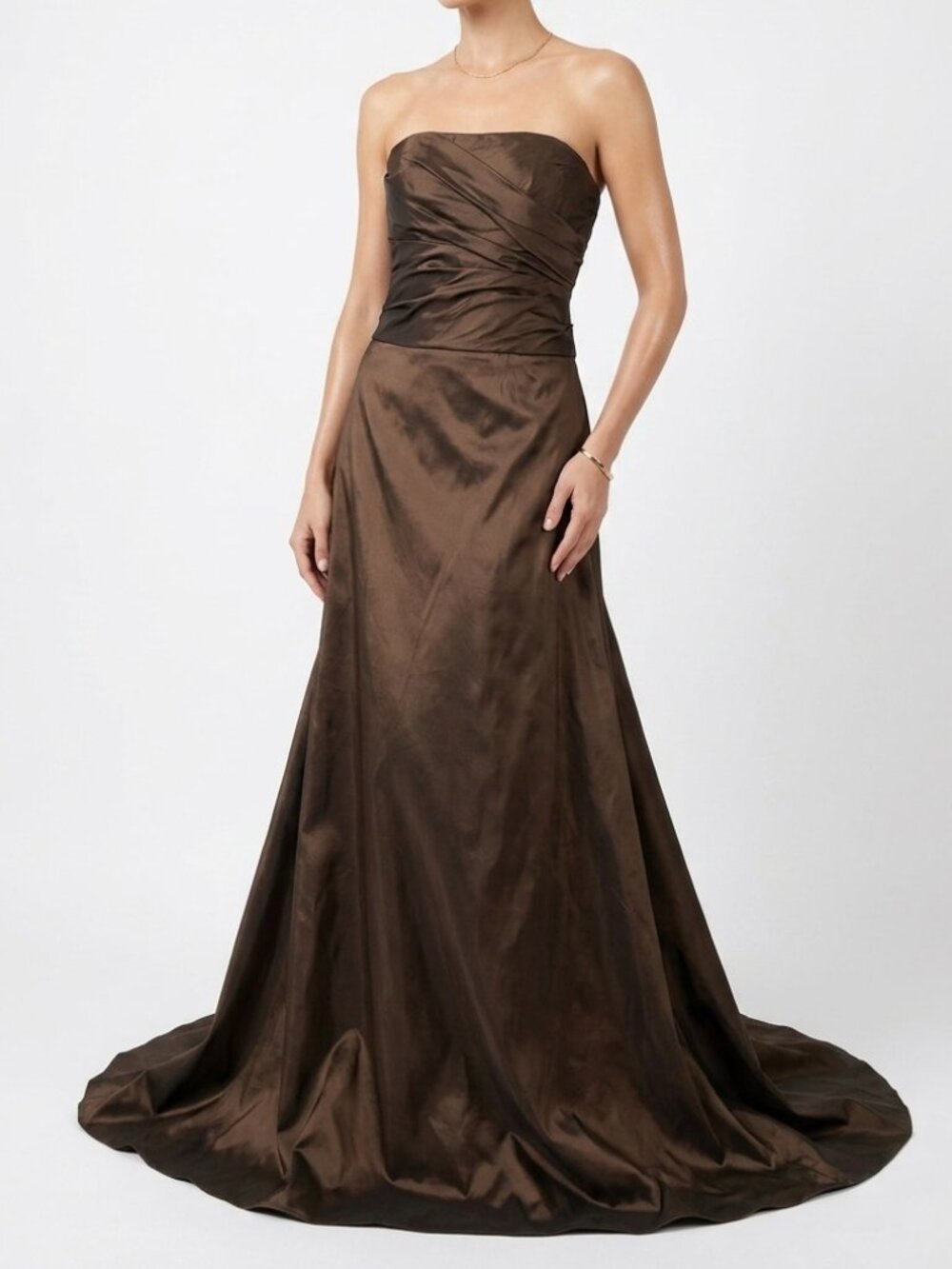 Y2K Ruched Strapless Amsale Brown Iridescent Taffeta Mermaid Gown Size 10